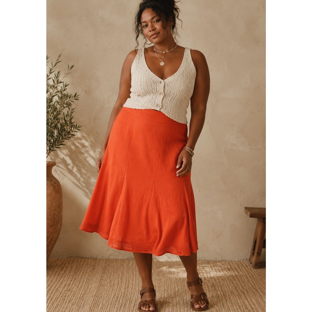 Orange Linen Blend A-Line Midi‎ Skirt Plus Size 12W Resort Vacation